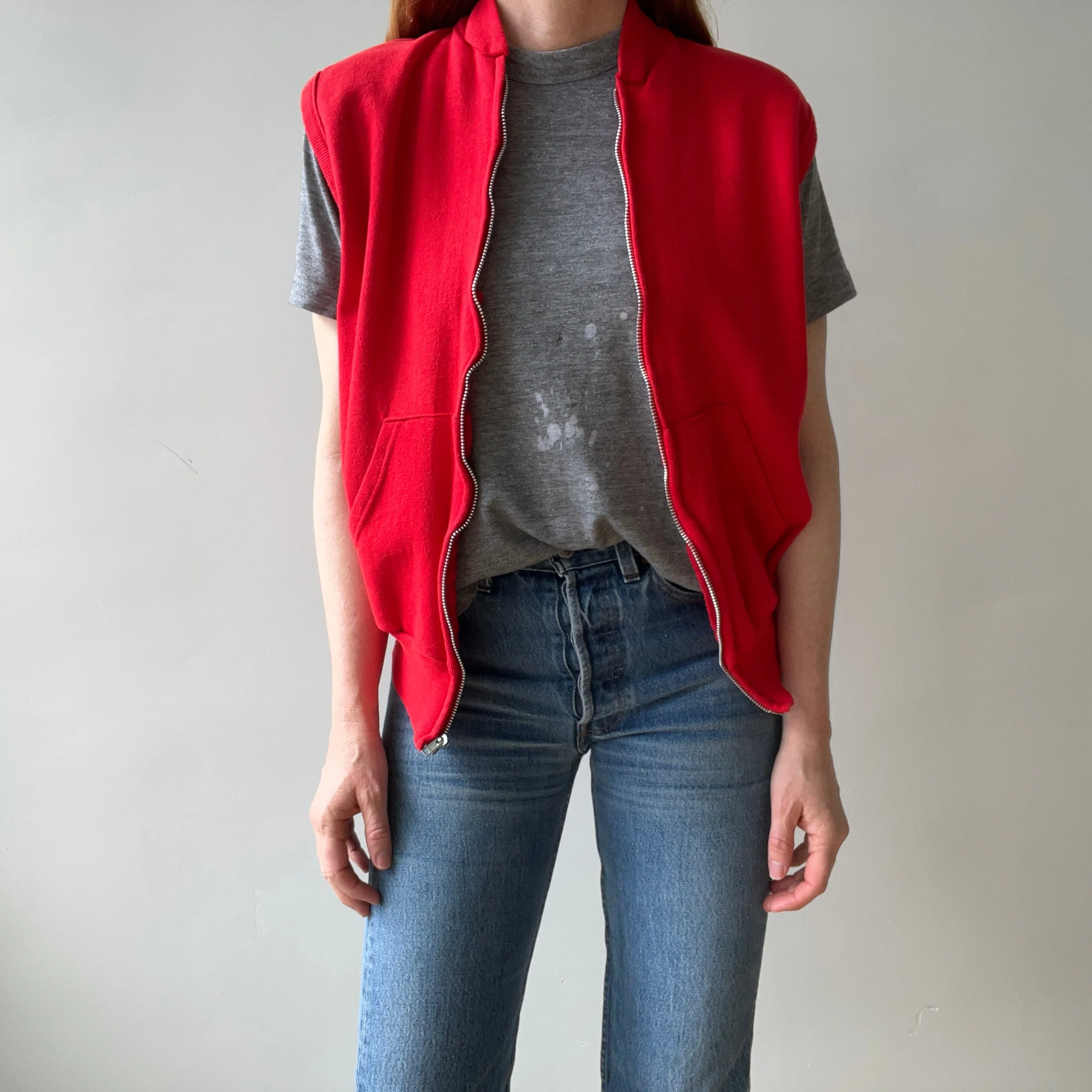 1980s Lipstick Red Zip Up Sweatshirt Vest