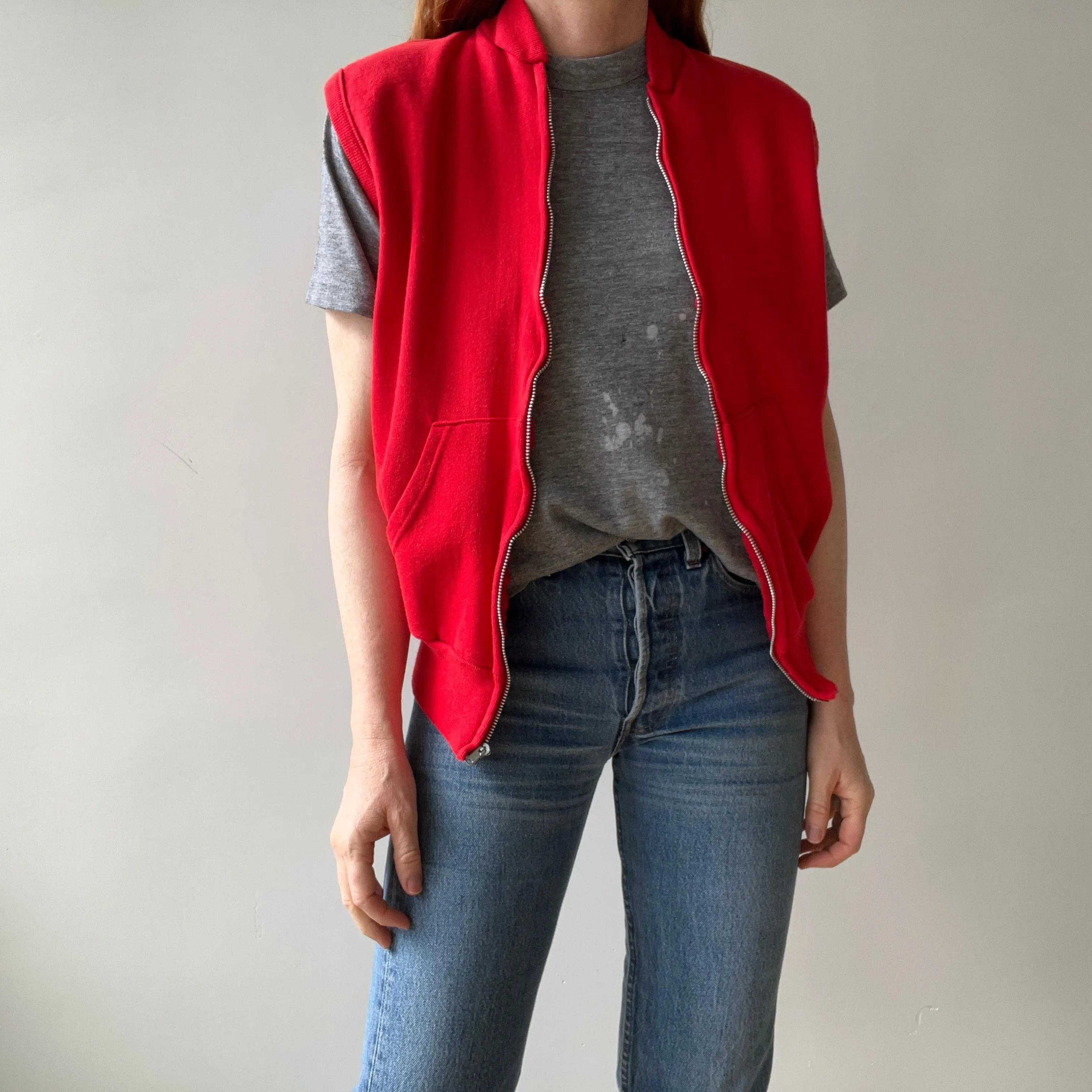 1980s Lipstick Red Zip Up Sweatshirt Vest