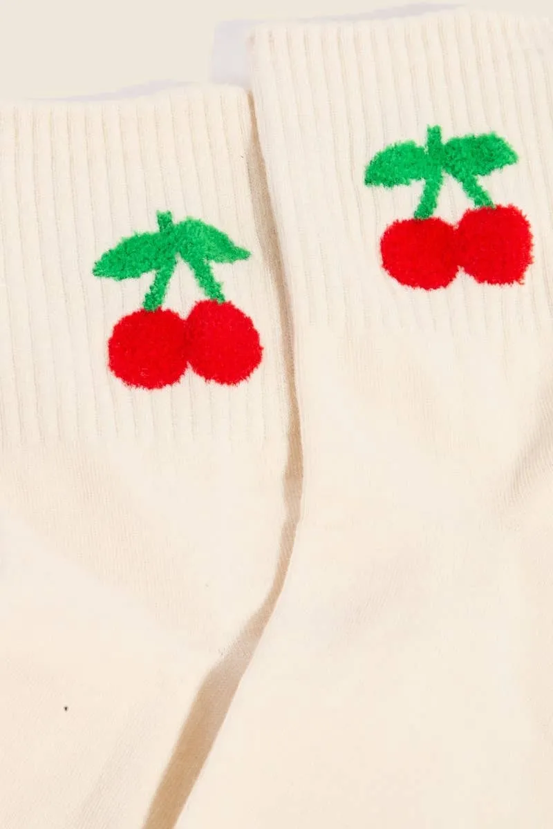 Cherry Embroidered Beige Socks