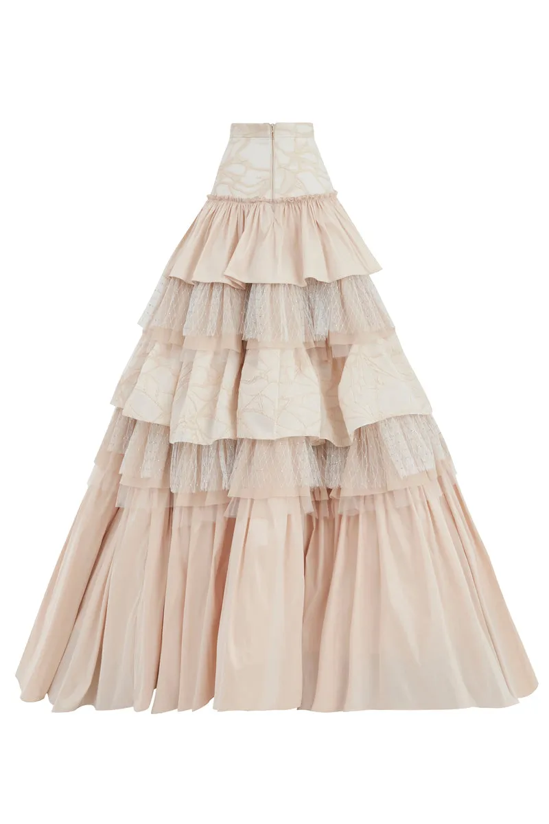 CREAM RUFFLED HIGH SLIT LAYERED MAXI SKIRT
