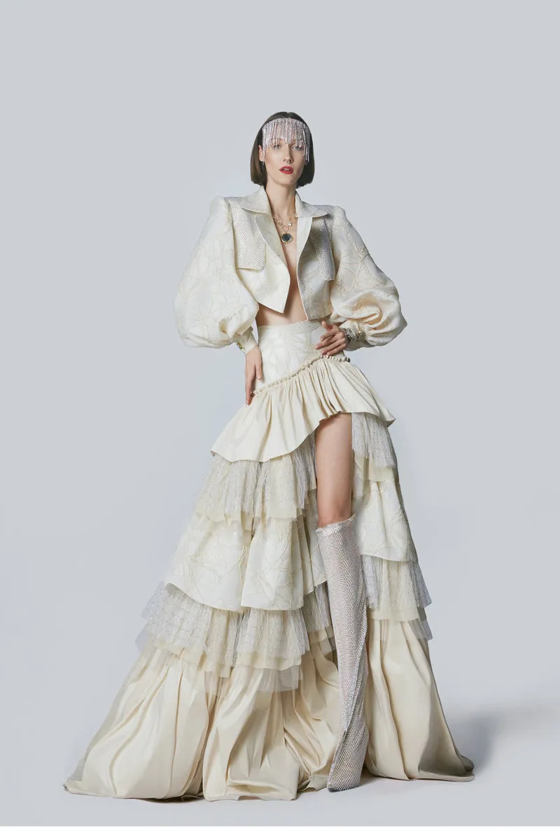 CREAM RUFFLED HIGH SLIT LAYERED MAXI SKIRT