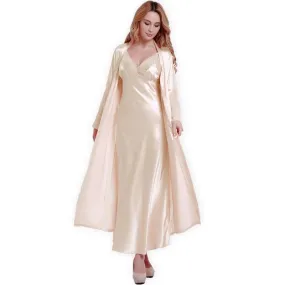 Fashion New Silk Robes   Nightdress Two-Piece Women Sleepwear Sexy Lace V-Neck Sleeping Robe Long-Sleeve Nightgowns FW001