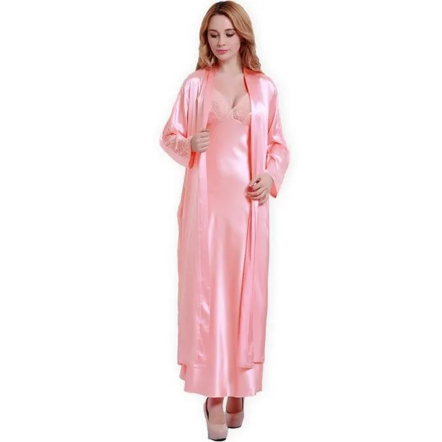Fashion New Silk Robes   Nightdress Two-Piece Women Sleepwear Sexy Lace V-Neck Sleeping Robe Long-Sleeve Nightgowns FW001