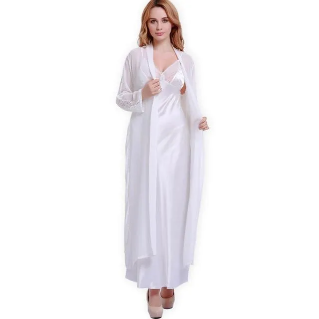 Fashion New Silk Robes   Nightdress Two-Piece Women Sleepwear Sexy Lace V-Neck Sleeping Robe Long-Sleeve Nightgowns FW001