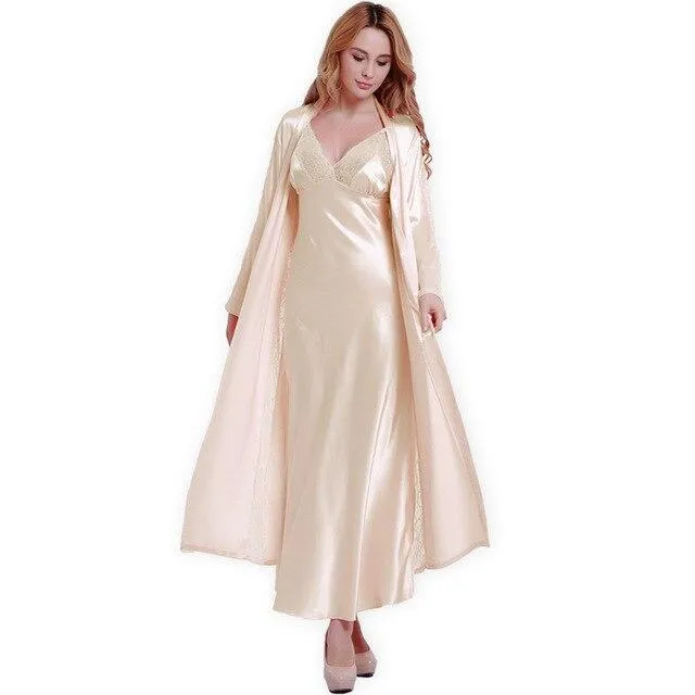 Fashion New Silk Robes   Nightdress Two-Piece Women Sleepwear Sexy Lace V-Neck Sleeping Robe Long-Sleeve Nightgowns FW001