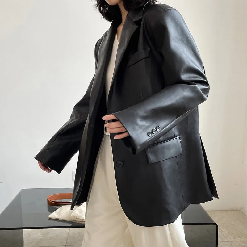 Hulianfu Autumn and winter women's casual solid color single-breasted pocket decoration loose PU jacket