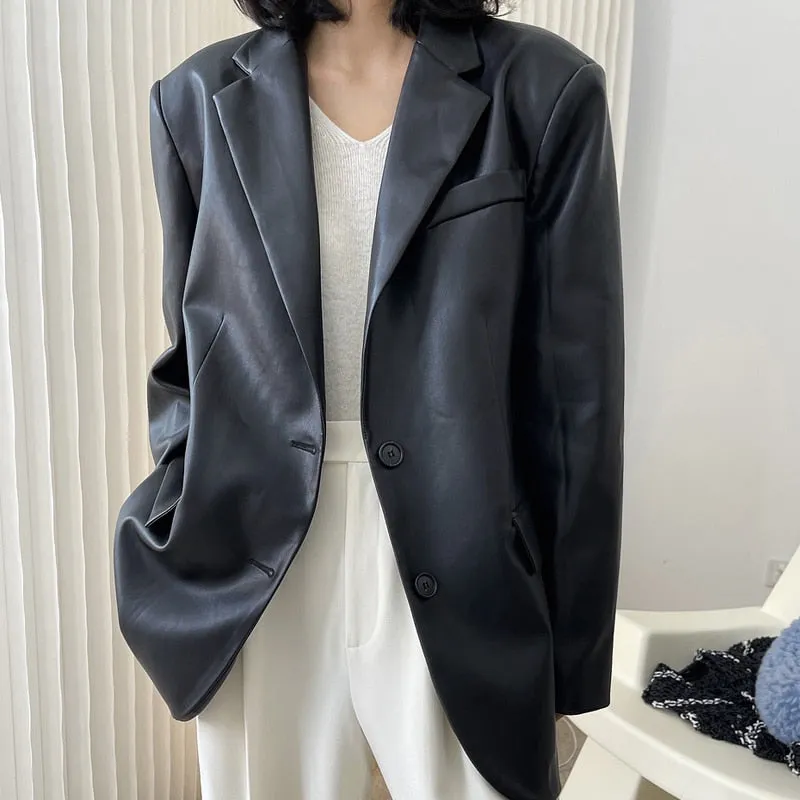 Hulianfu Autumn and winter women's casual solid color single-breasted pocket decoration loose PU jacket