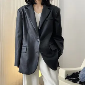 Hulianfu Autumn and winter women's casual solid color single-breasted pocket decoration loose PU jacket