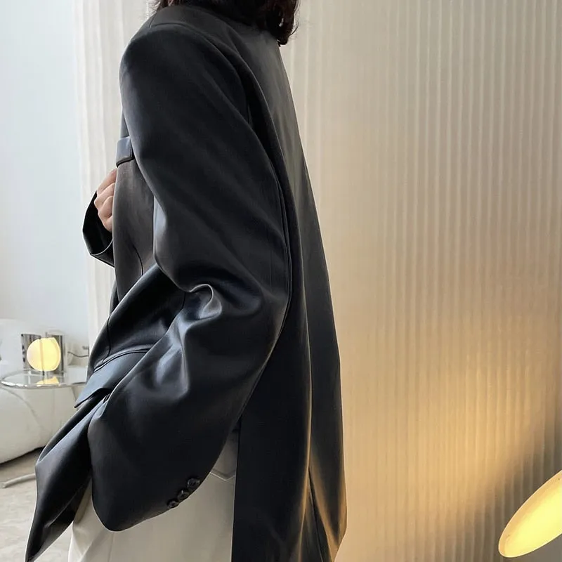 Hulianfu Autumn and winter women's casual solid color single-breasted pocket decoration loose PU jacket