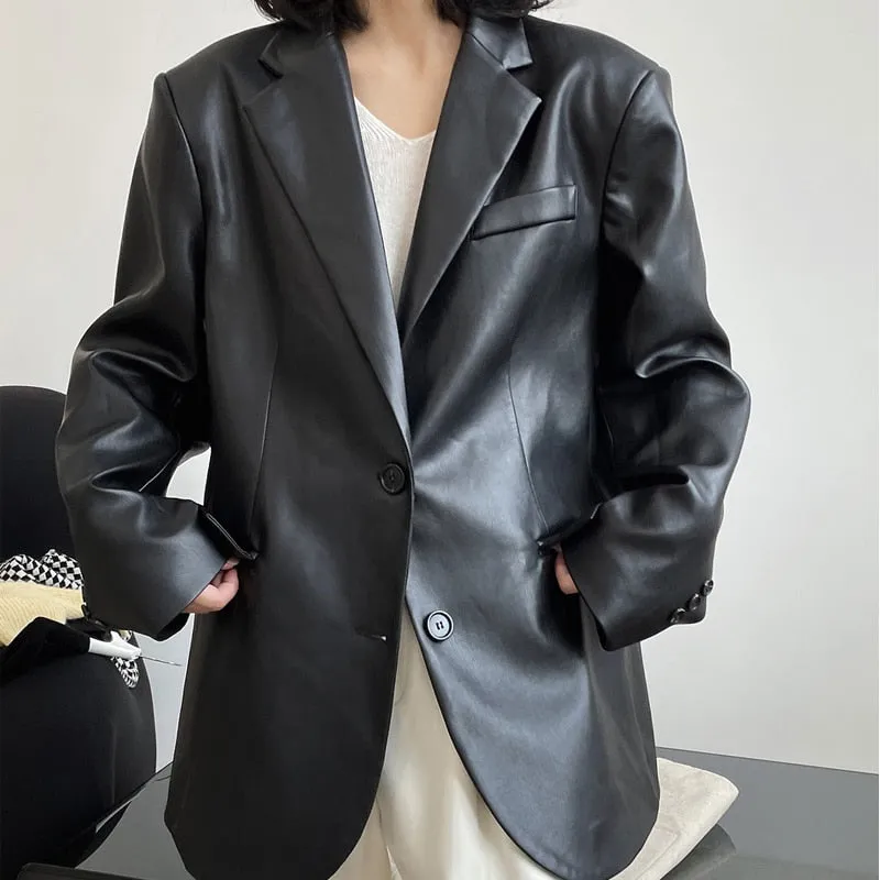Hulianfu Autumn and winter women's casual solid color single-breasted pocket decoration loose PU jacket
