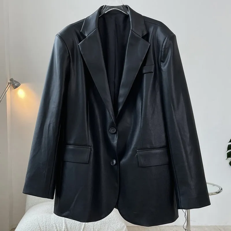 Hulianfu Autumn and winter women's casual solid color single-breasted pocket decoration loose PU jacket