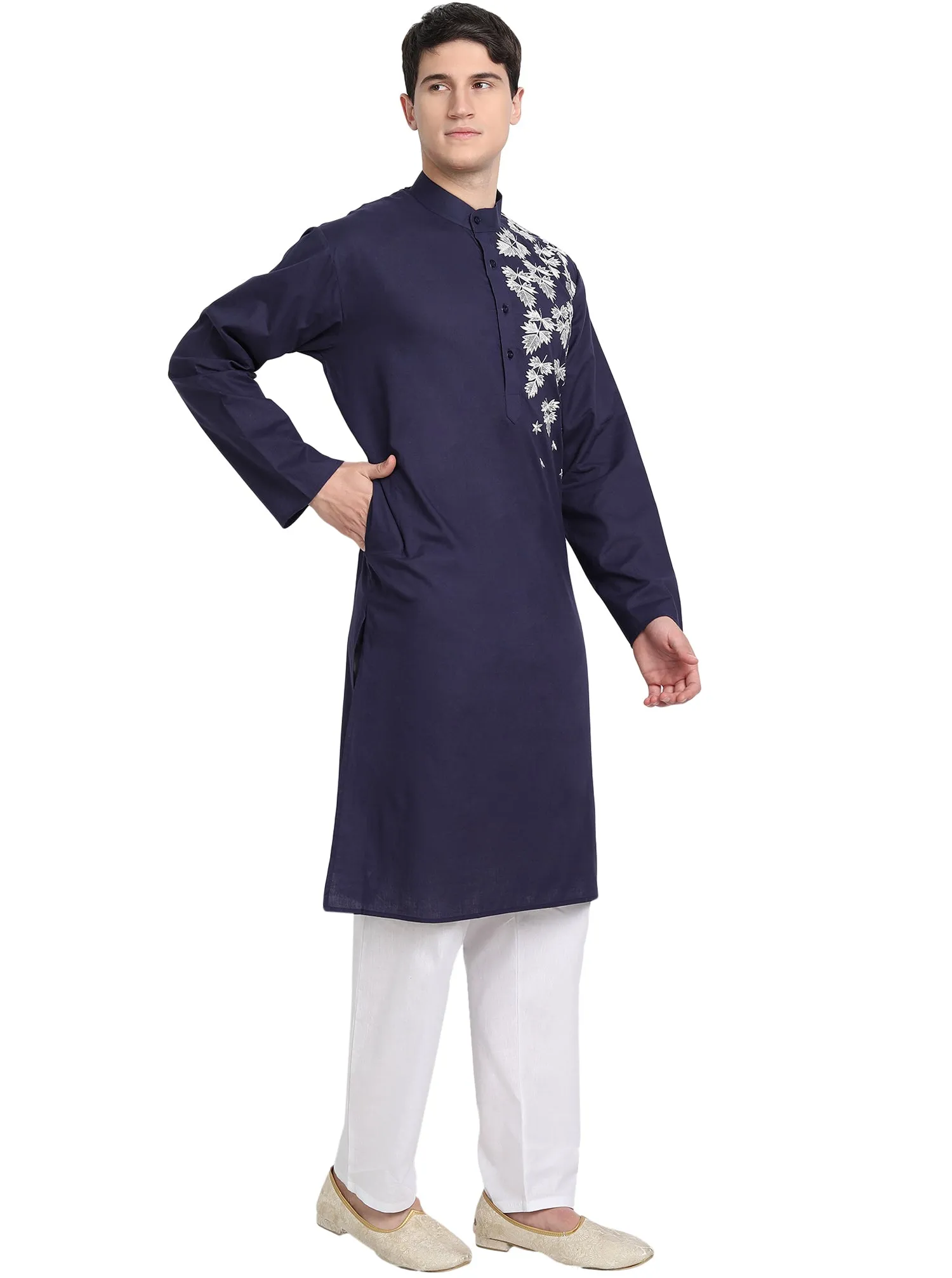 Kurta Pajama Set For Men Embroide Cotton Wedding Party Dress Blue