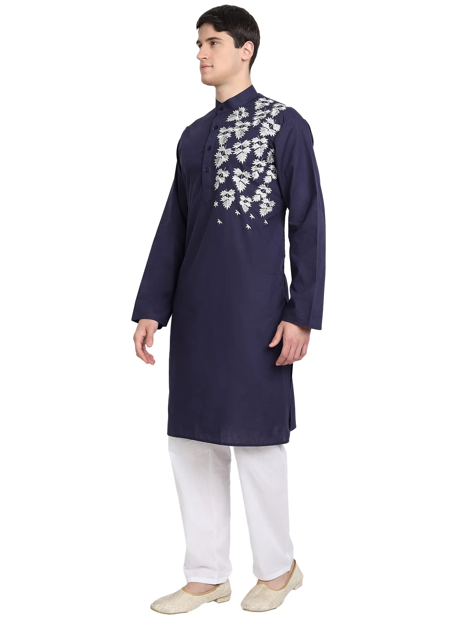 Kurta Pajama Set For Men Embroide Cotton Wedding Party Dress Blue