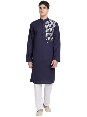 Kurta Pajama Set For Men Embroide Cotton Wedding Party Dress Blue