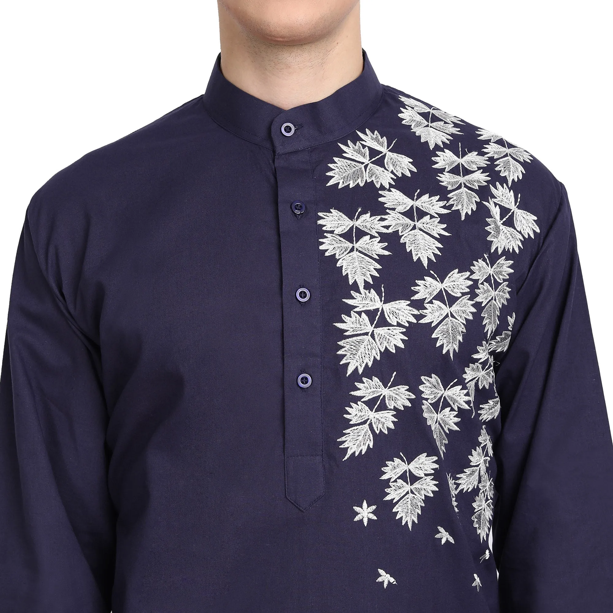 Kurta Pajama Set For Men Embroide Cotton Wedding Party Dress Blue