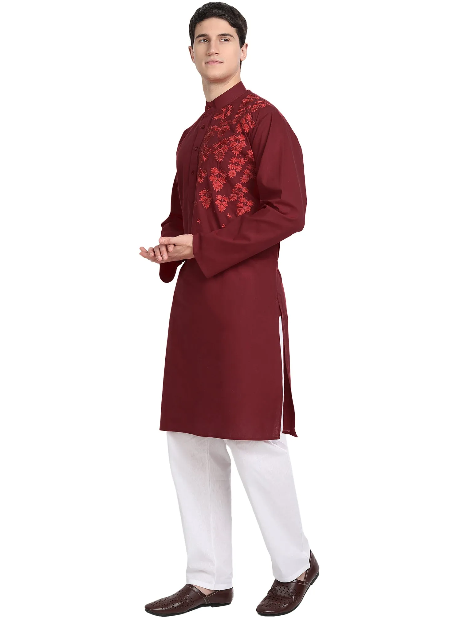 Kurta Pajama Set For Men Embroide Cotton Wedding Party Dress Red