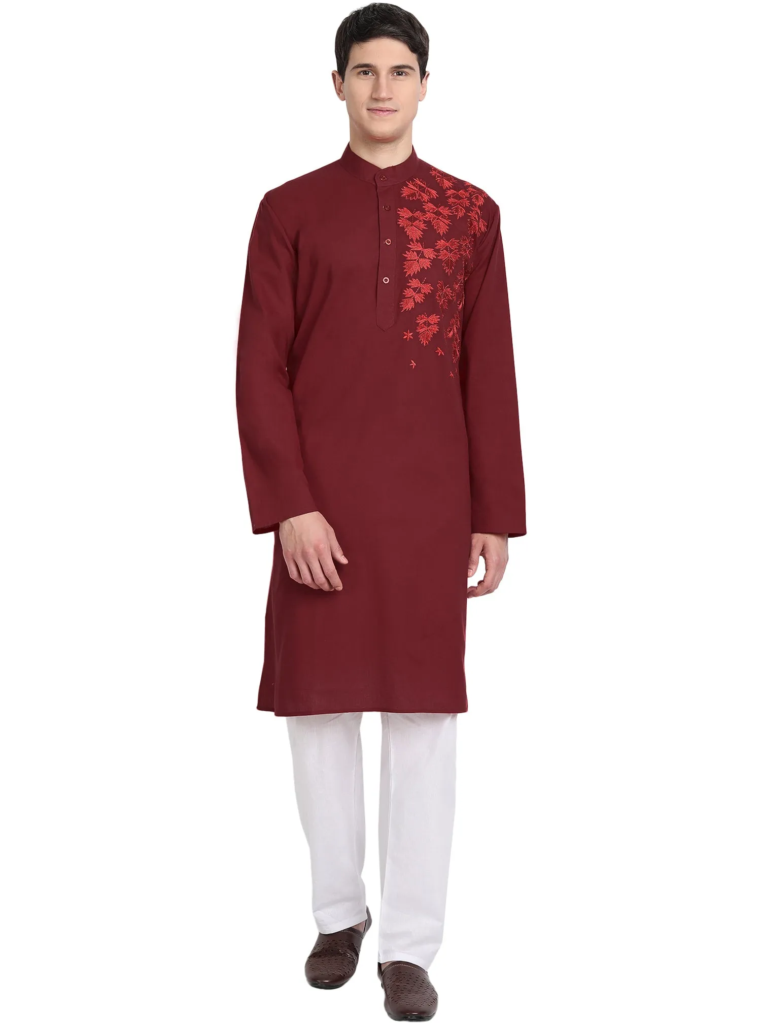Kurta Pajama Set For Men Embroide Cotton Wedding Party Dress Red