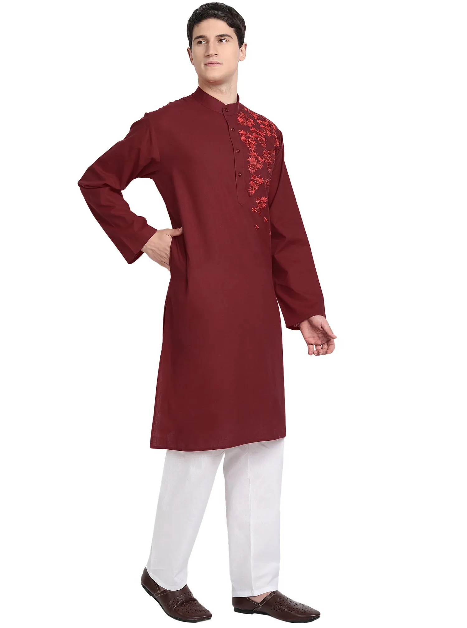 Kurta Pajama Set For Men Embroide Cotton Wedding Party Dress Red