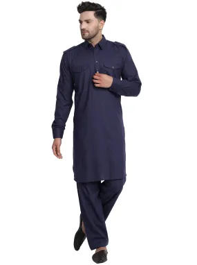 Men Cotton Pathani Kurta Pajama Set Indian Summer Dress Set Blue