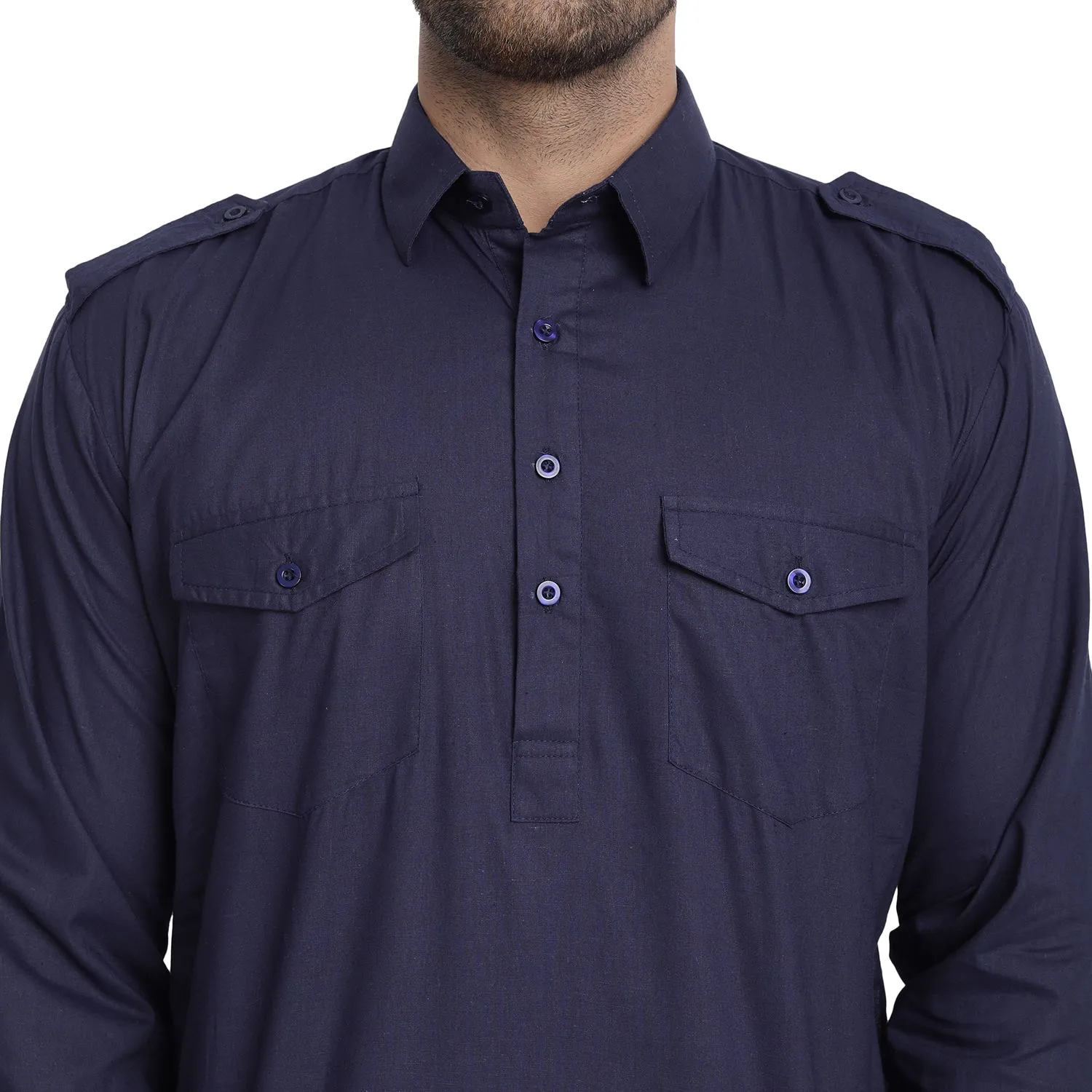 Men Cotton Pathani Kurta Pajama Set Indian Summer Dress Set Blue
