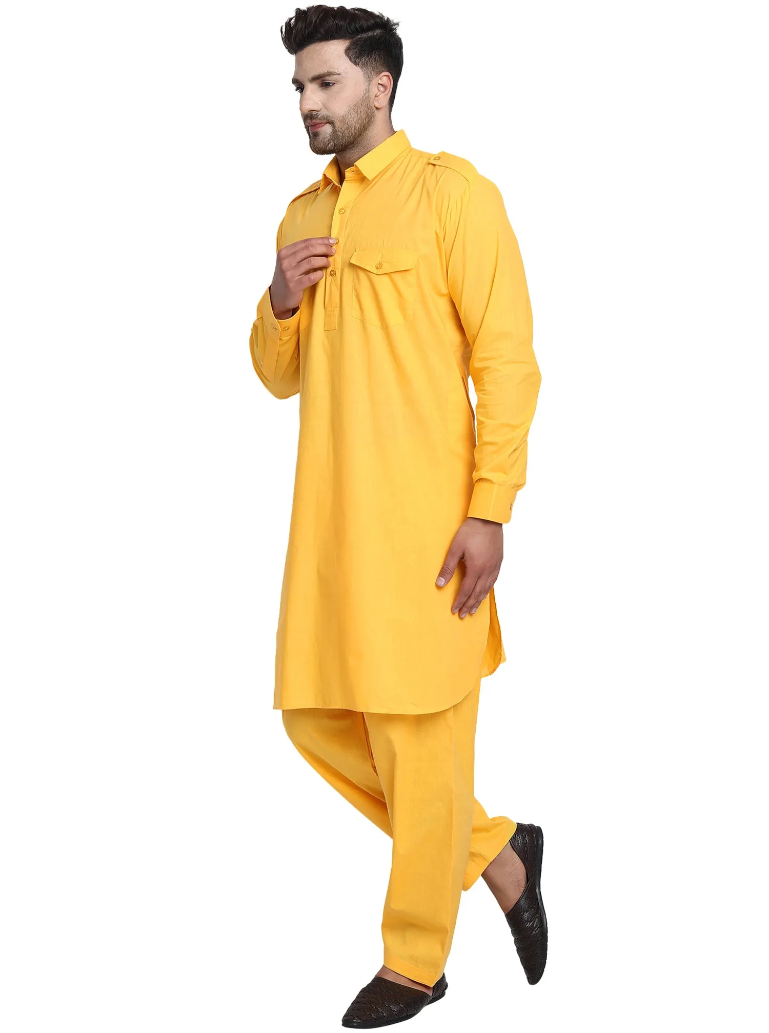 Men Cotton Pathani Kurta Pajama Set Indian Summer Dress Set Gold