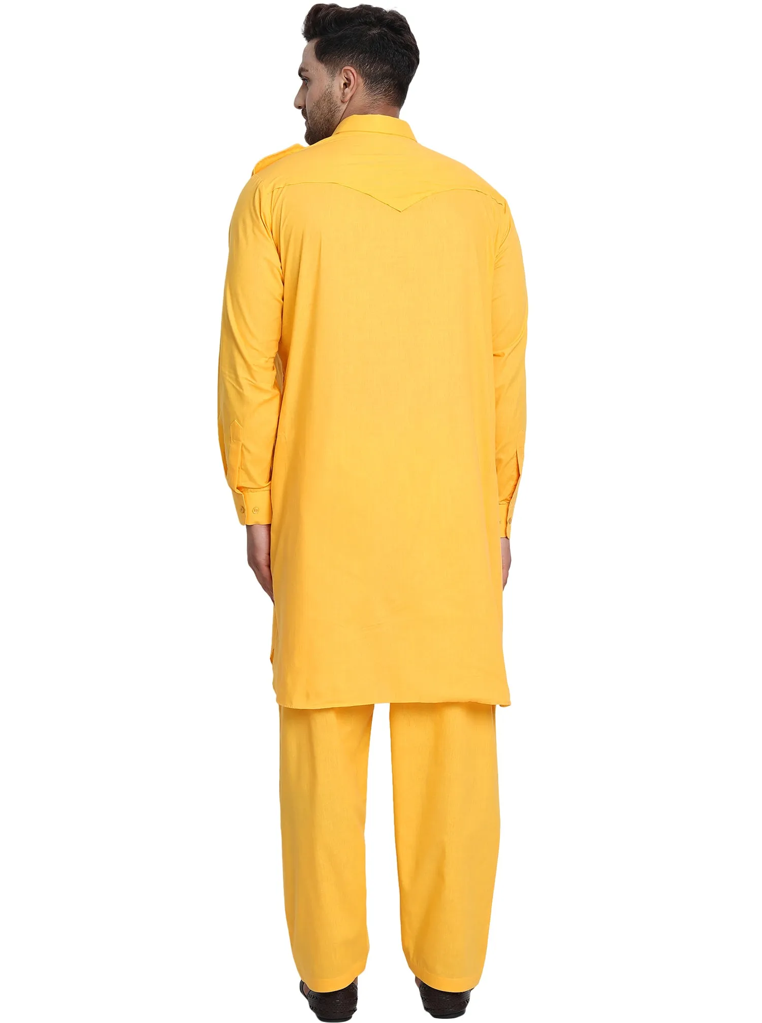 Men Cotton Pathani Kurta Pajama Set Indian Summer Dress Set Gold