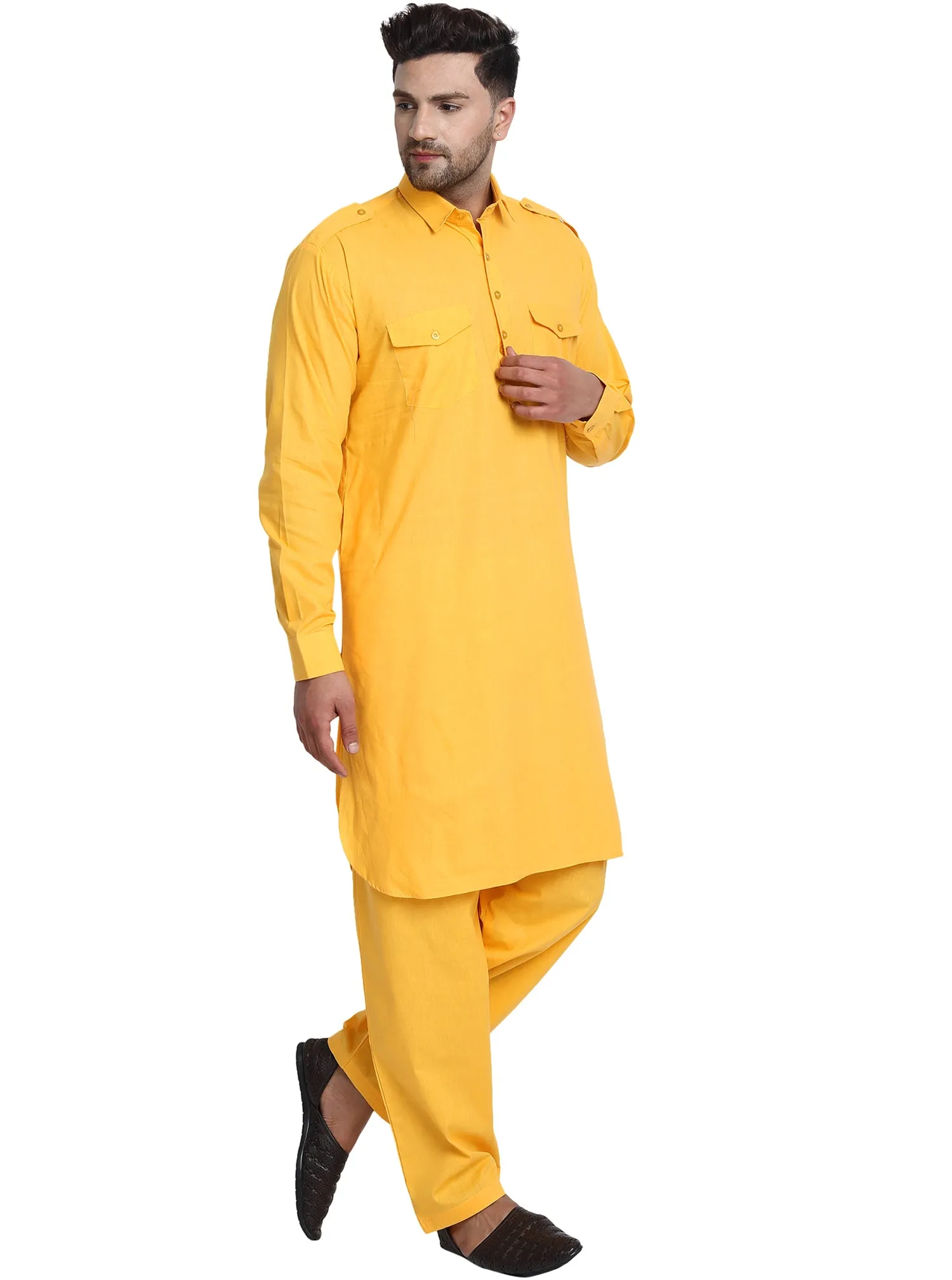 Men Cotton Pathani Kurta Pajama Set Indian Summer Dress Set Gold