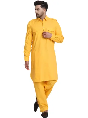 Men Cotton Pathani Kurta Pajama Set Indian Summer Dress Set Gold