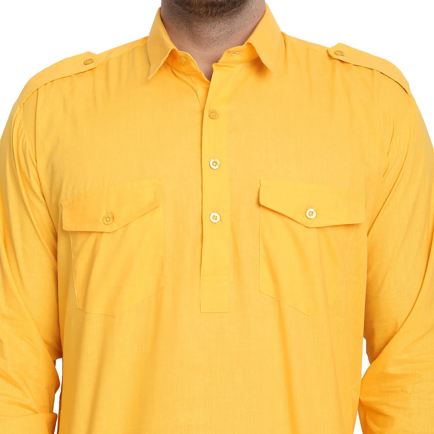 Men Cotton Pathani Kurta Pajama Set Indian Summer Dress Set Gold
