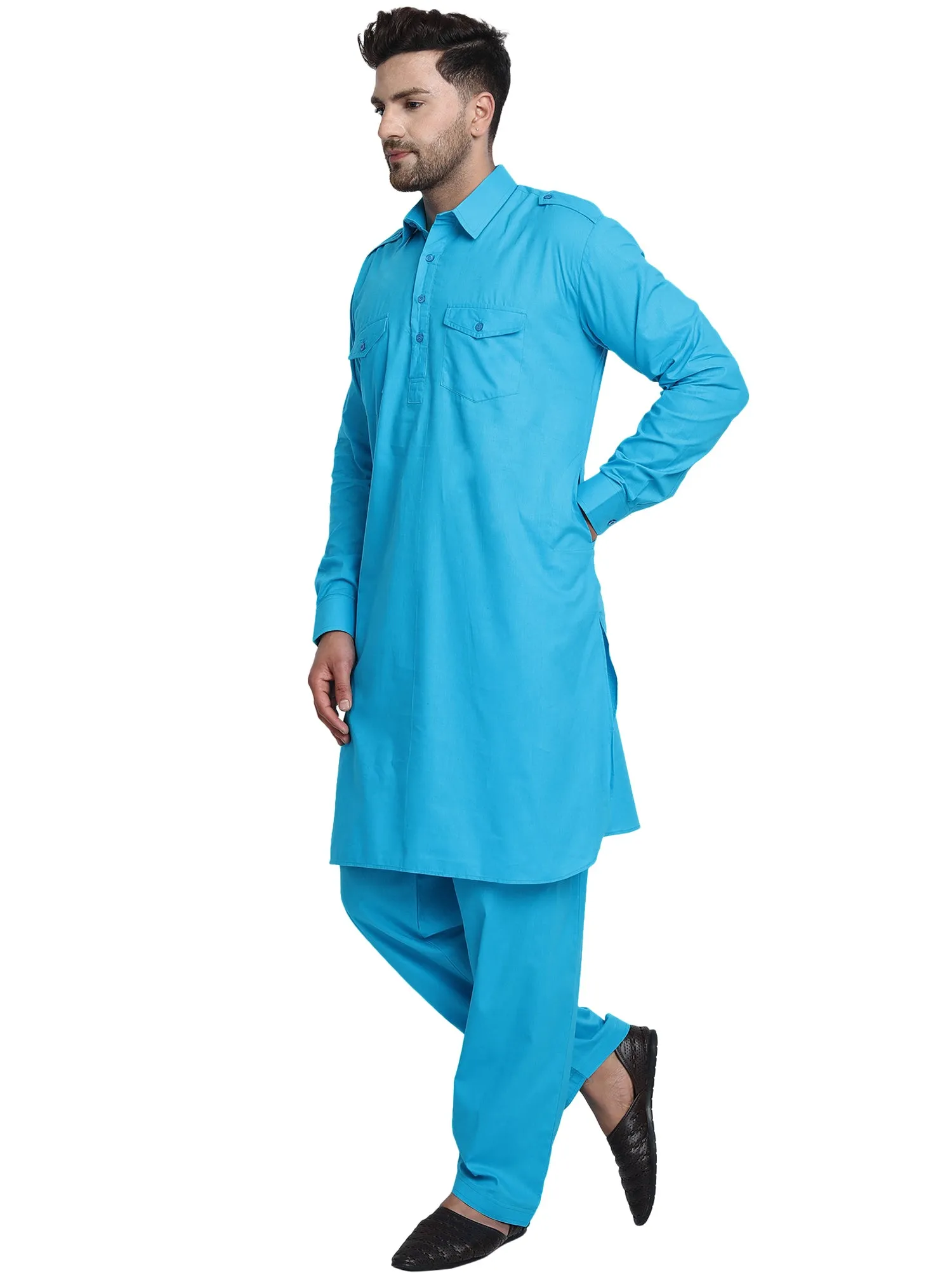 Men Cotton Pathani Kurta Pajama Set Indian Summer Dress Set