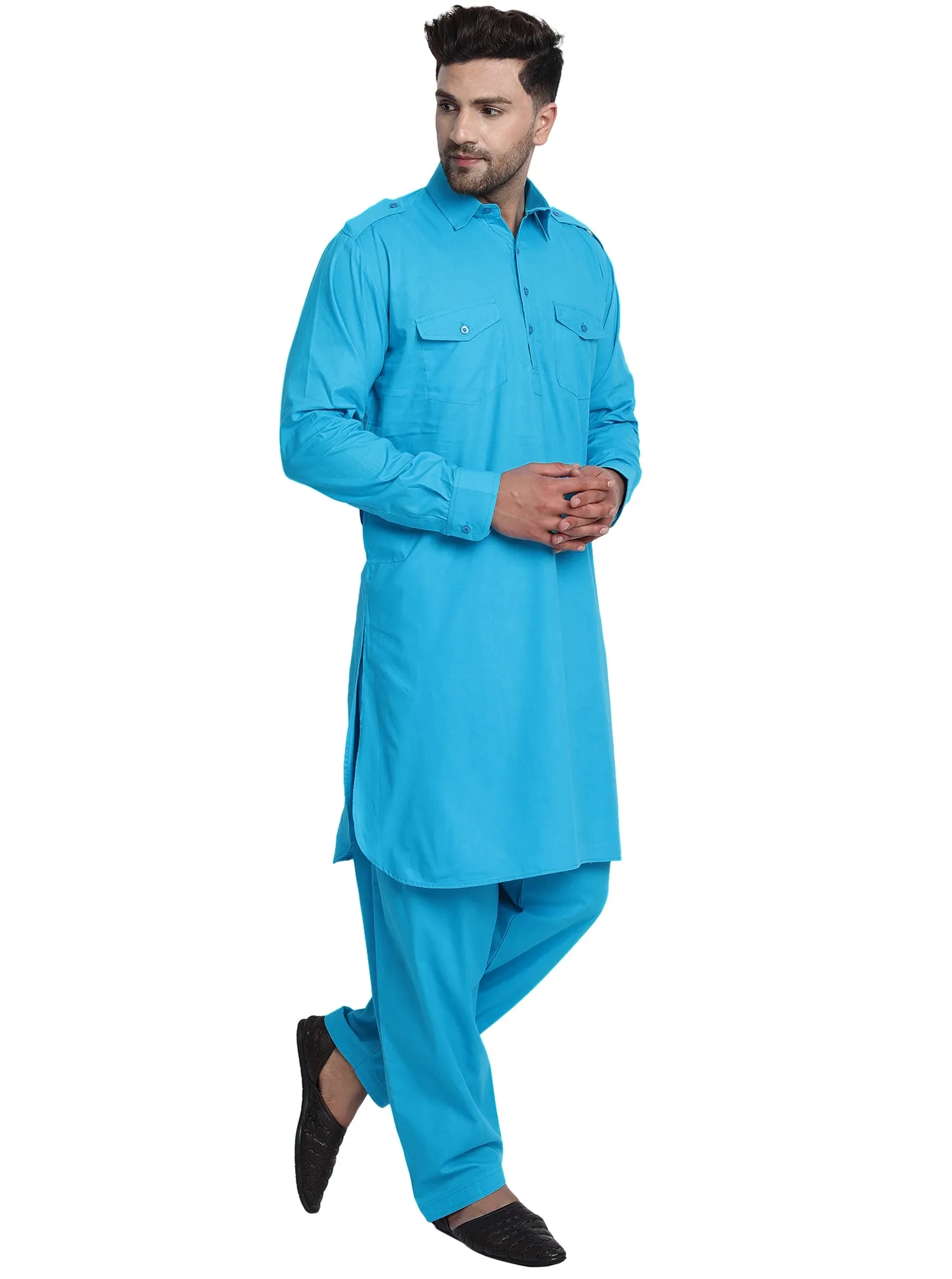 Men Cotton Pathani Kurta Pajama Set Indian Summer Dress Set