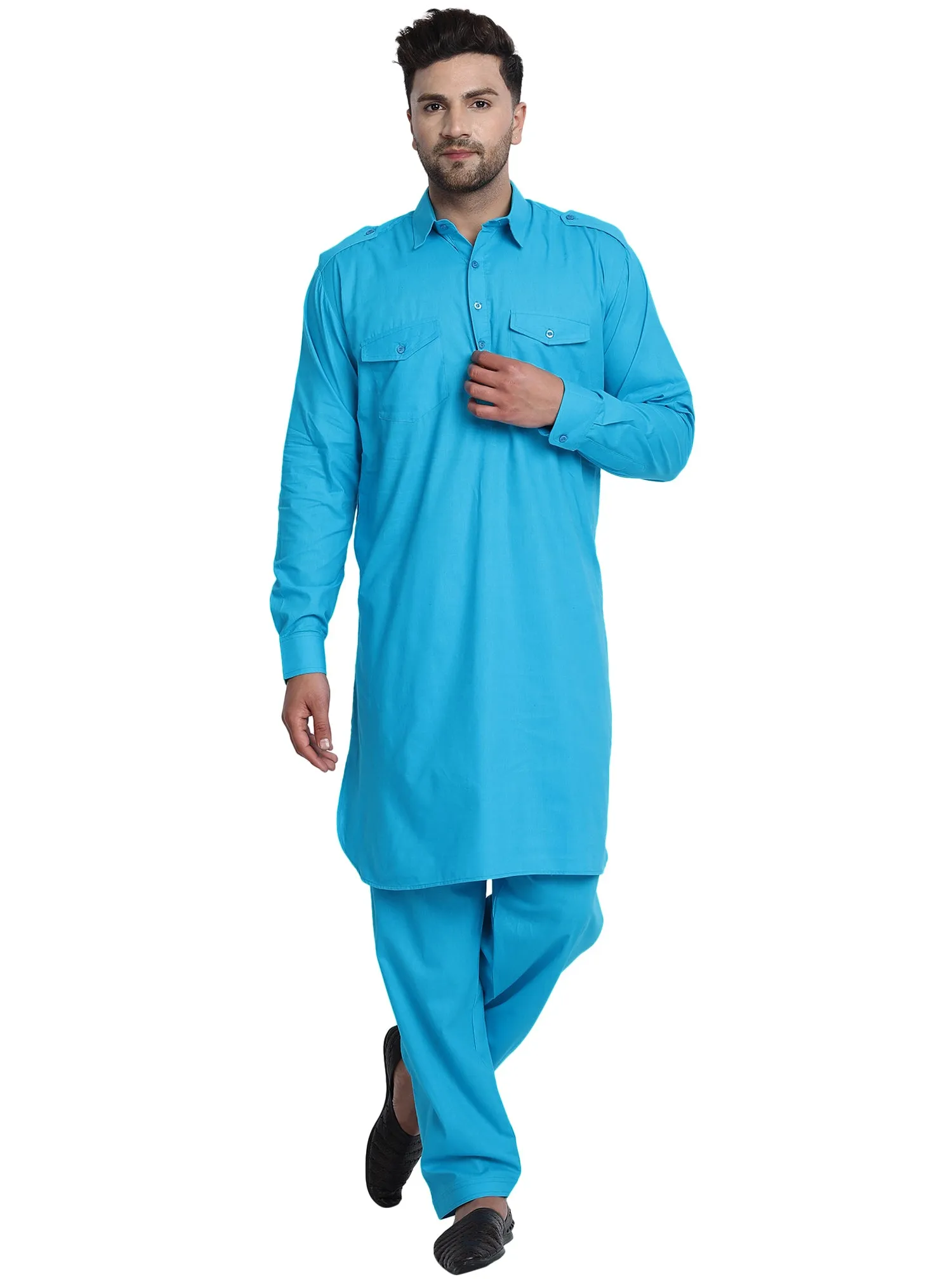 Men Cotton Pathani Kurta Pajama Set Indian Summer Dress Set