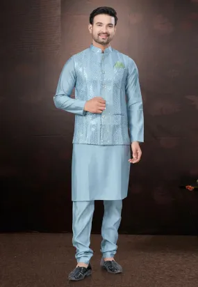 Men's Festival Designer Collection Pure Silk With Mirror Work Modi Jacket Kurta Pajama
