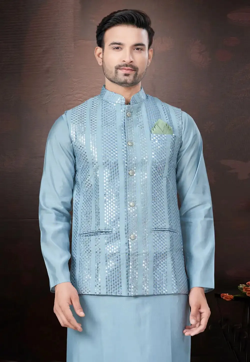 Men's Festival Designer Collection Pure Silk With Mirror Work Modi Jacket Kurta Pajama