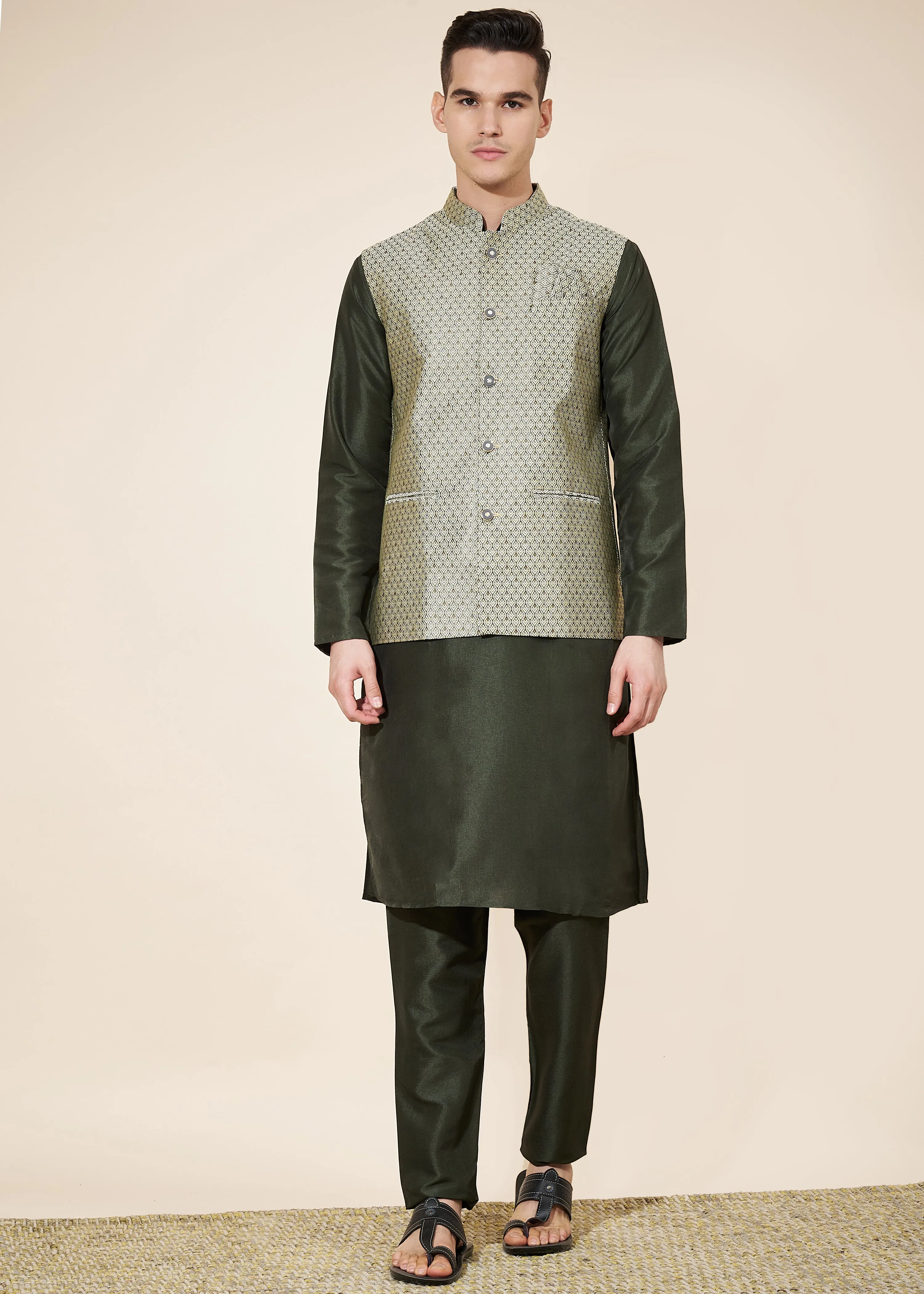 Men's Wedding Designer Pure Silk With Self Work Modi Jacket Kurta Pajama