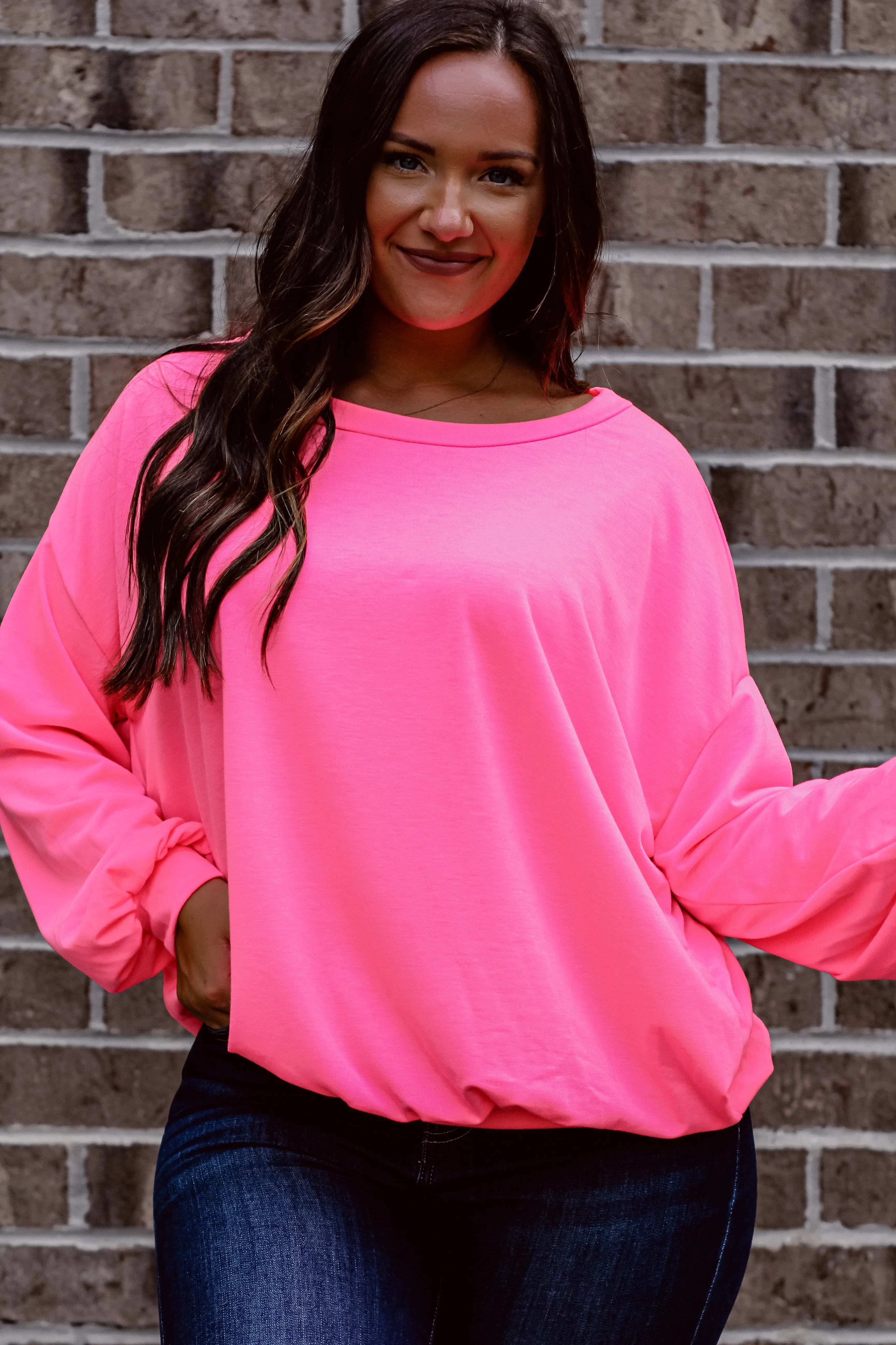 Neon Pink French Terry Knit Long Sleeve Top