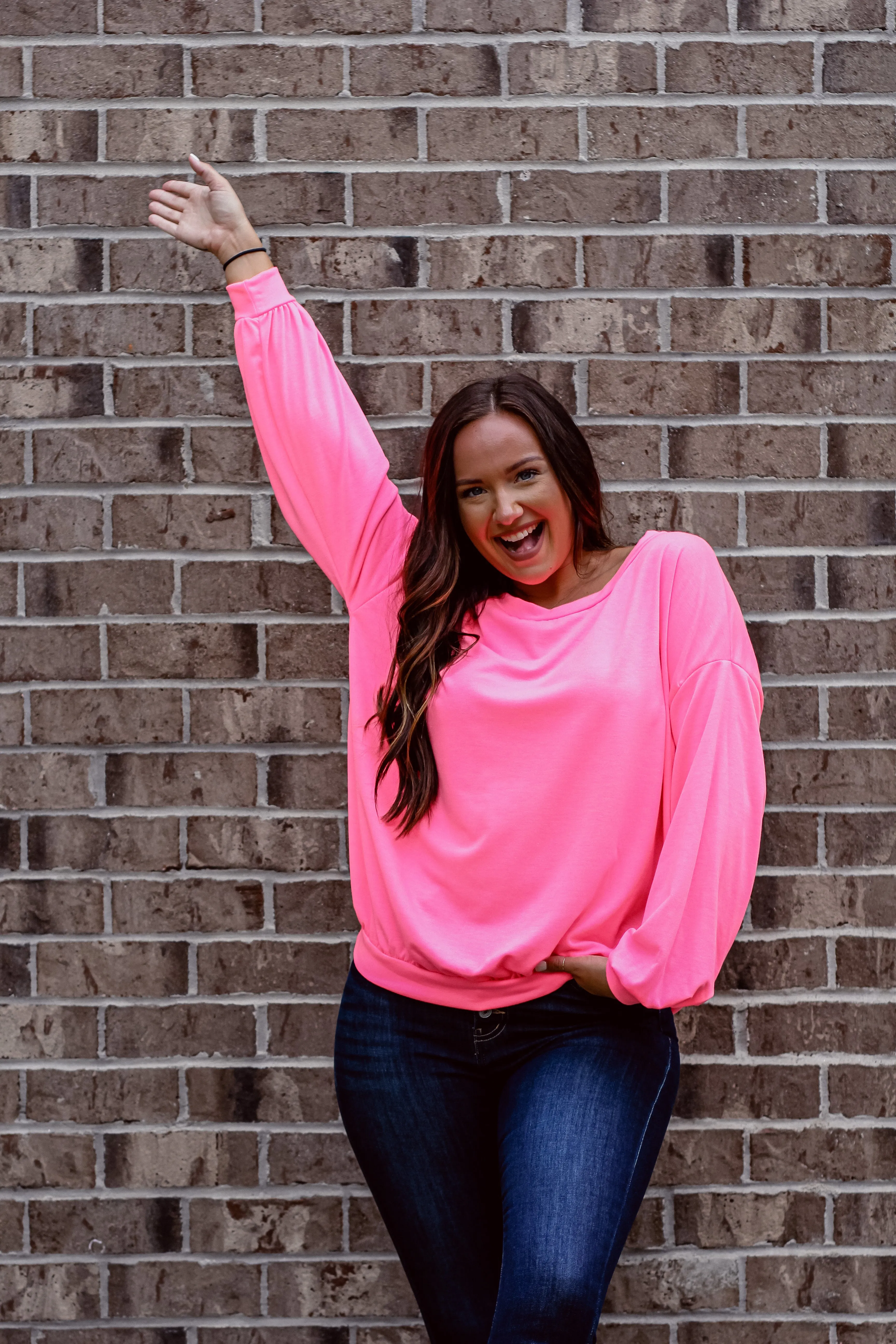 Neon Pink French Terry Knit Long Sleeve Top