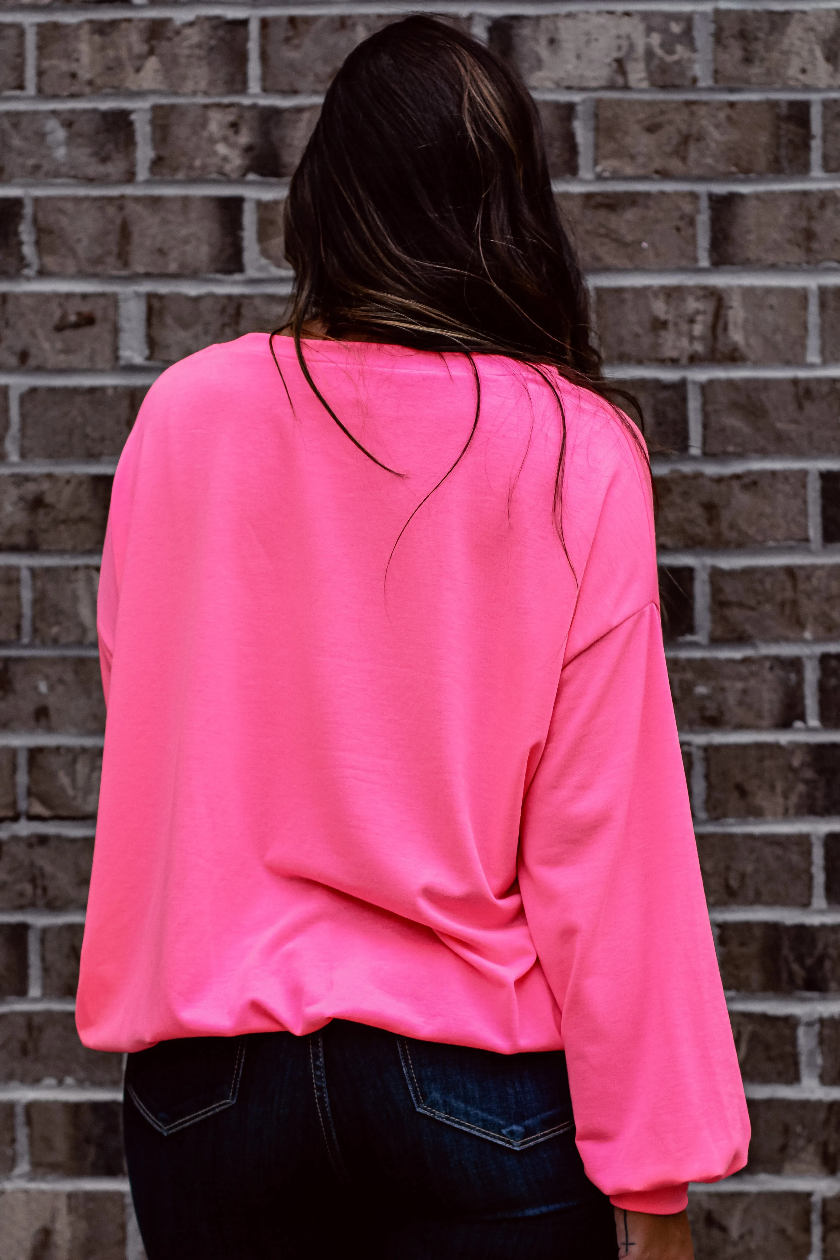 Neon Pink French Terry Knit Long Sleeve Top