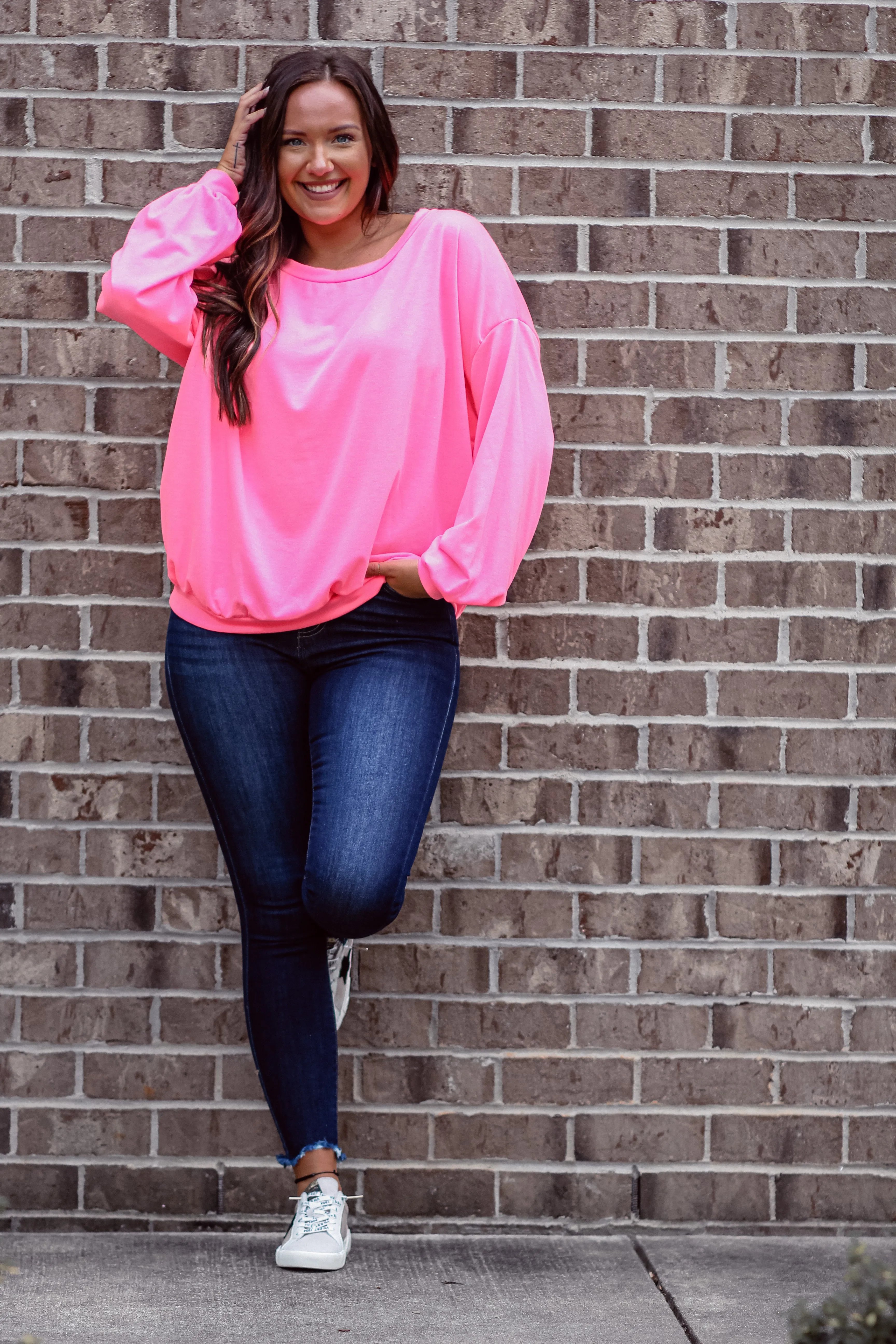 Neon Pink French Terry Knit Long Sleeve Top
