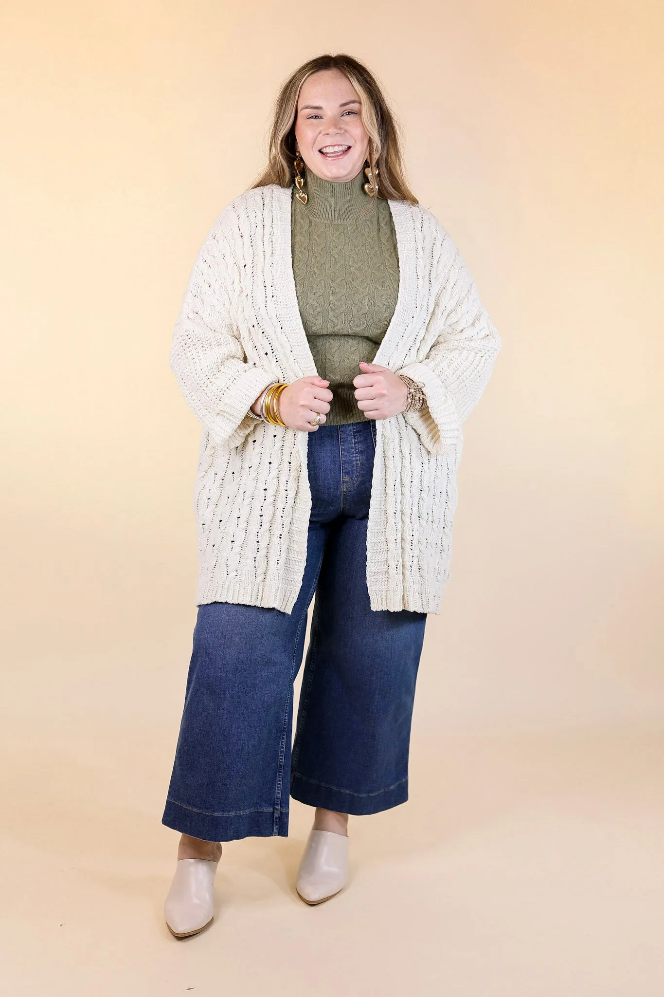On My Level Chenille Cable Knit Open Front Cardigan in Ivory