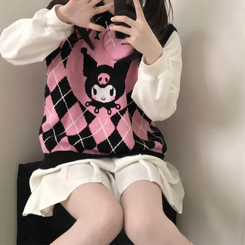 Pink Kuromi Aesthetic Vest Diamond Checkered