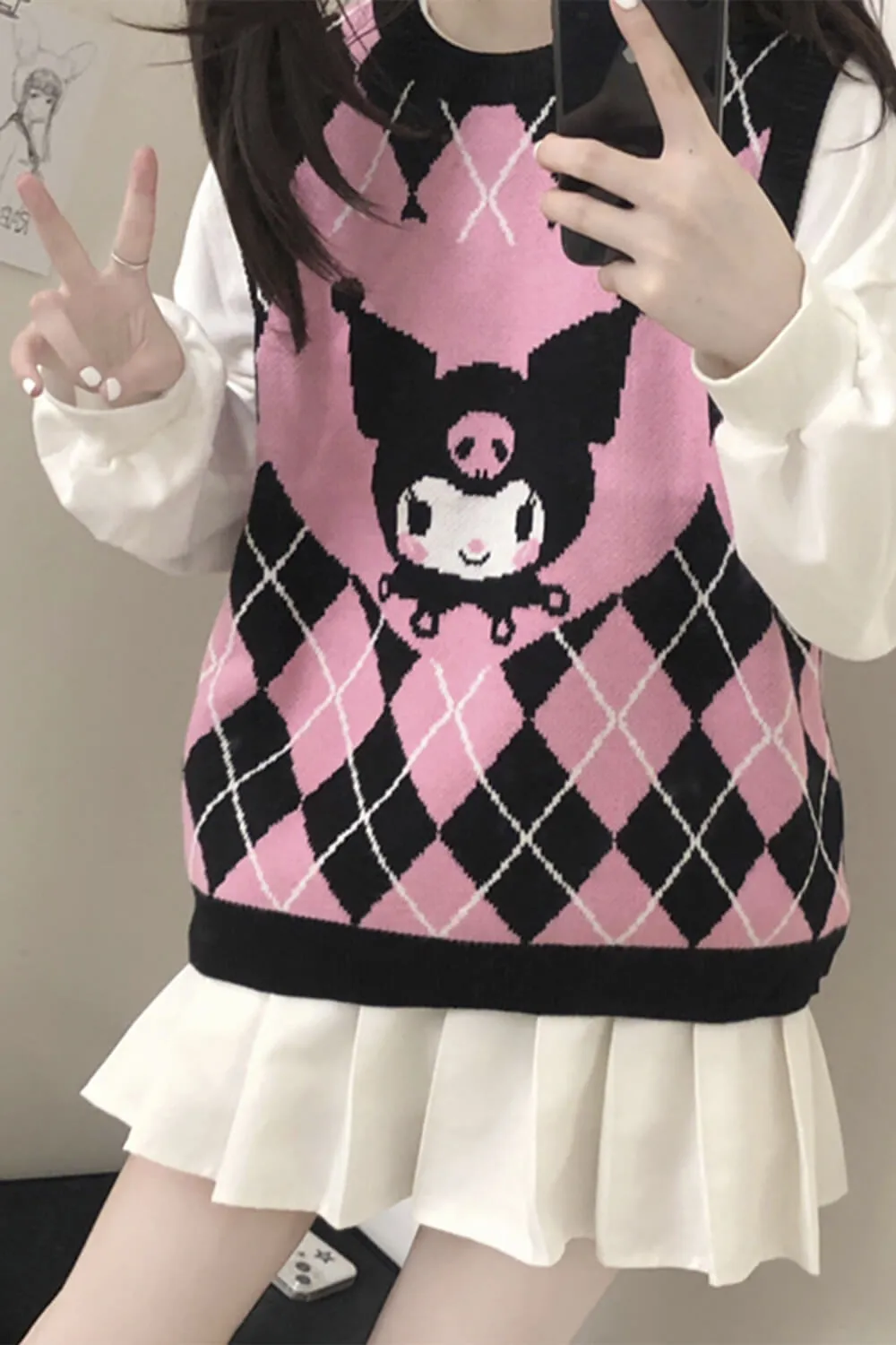 Pink Kuromi Aesthetic Vest Diamond Checkered