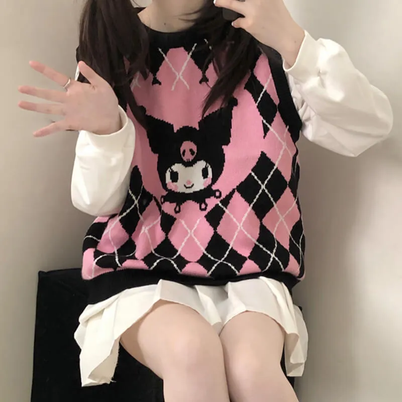 Pink Kuromi Aesthetic Vest Diamond Checkered