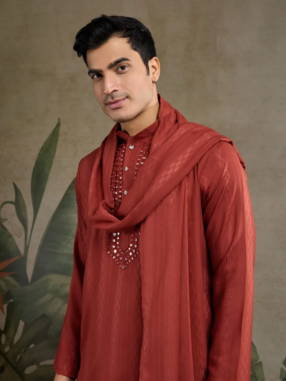 Rust Orange Pure Viscose Reyon Silk Real Mirror Work Kurta Dupatta