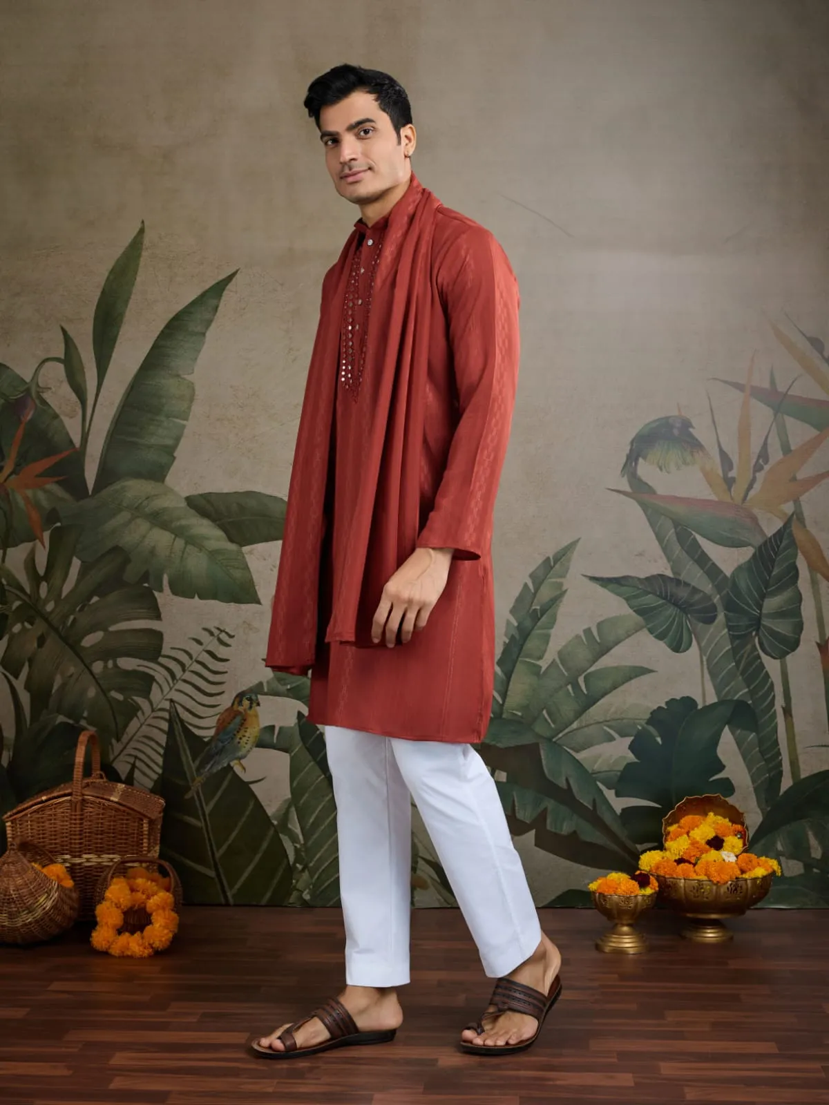 Rust Orange Pure Viscose Reyon Silk Real Mirror Work Kurta Dupatta