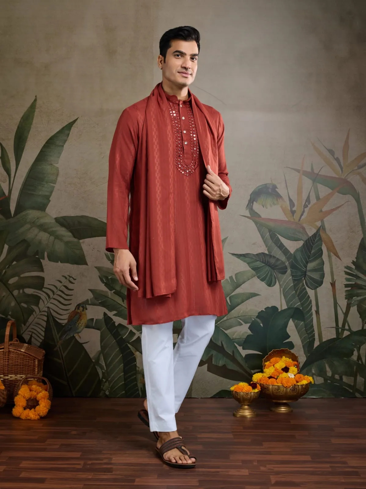 Rust Orange Pure Viscose Reyon Silk Real Mirror Work Kurta Dupatta