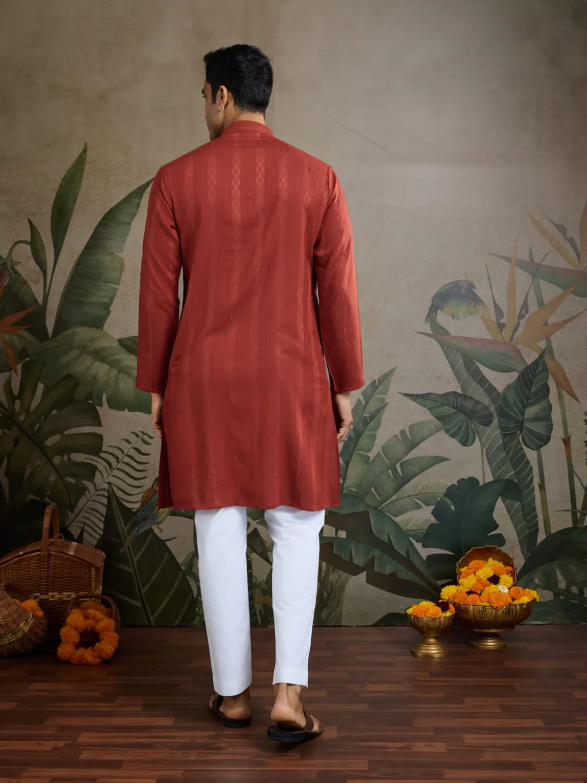 Rust Orange Pure Viscose Reyon Silk Real Mirror Work Kurta Dupatta