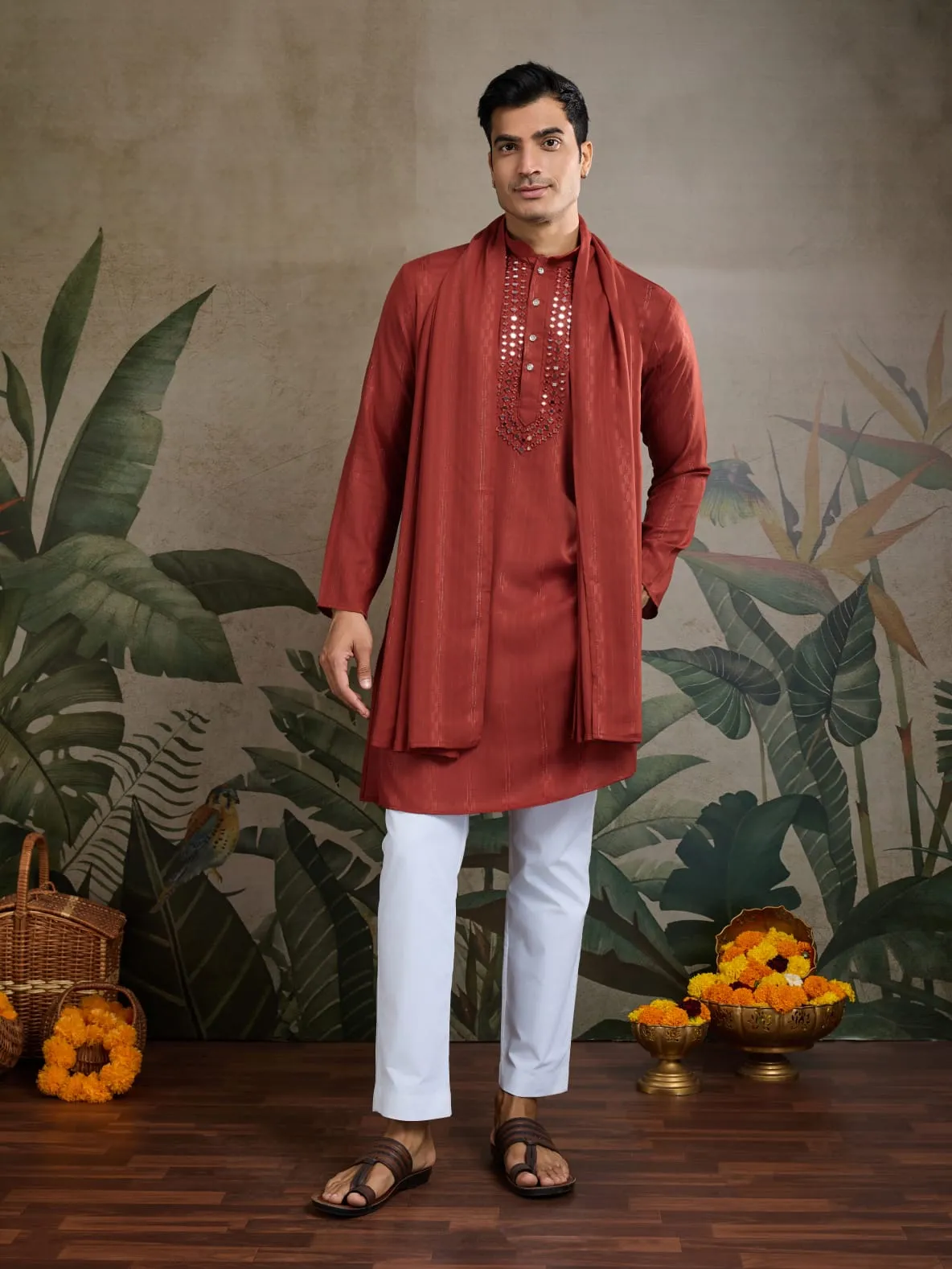 Rust Orange Pure Viscose Reyon Silk Real Mirror Work Kurta Dupatta