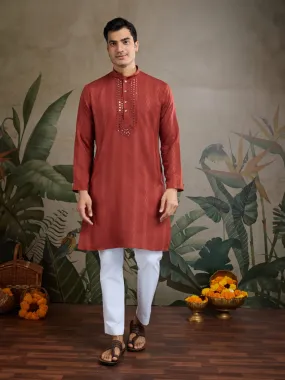 Rust Orange Pure Viscose Reyon Silk Real Mirror Work Kurta Dupatta
