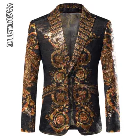 VAGUELETTE Black&Golden Mens Blazers Luxury Brand Italy Style Stage Costumes For Singers Mens Blazer Printed Jacket Coats